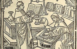 Schreibende Mönche in einer klösterlichen Buchmanufaktur im frühen Mittelalter.