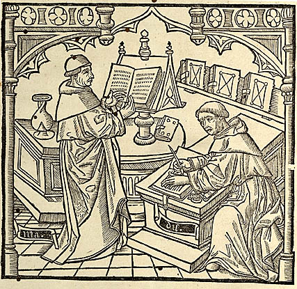 Schreibende Mönche in einer klösterlichen Buchmanufaktur im frühen Mittelalter.